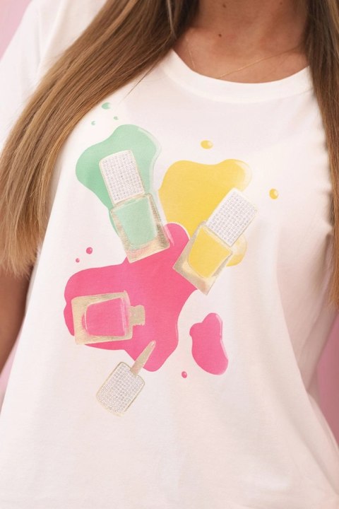 Bluzka damska bawełniana z krótkim rękawem i kolorowym nadrukiem ecru