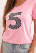 Bluzka damska bawełniana z krótkim rękawem i naszywką z perełkami jasno różowa  