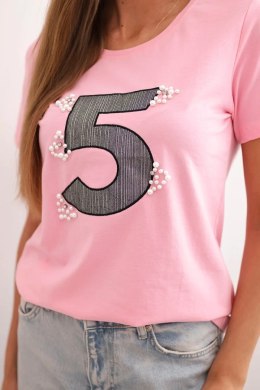 Bluzka damska bawełniana z krótkim rękawem i naszywką z perełkami jasno różowa  