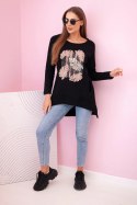 Bluzka damska z kieszeniami i ozdobnym nadrukiem czarna  