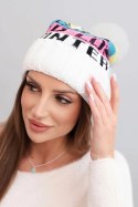 Czapka damska zimowa z wełną i napisem z dużym pomponem K422 biała