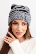 Czapka damska zimowa z wełną w gruby splot i paski K465 szara + czarna