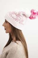 Czapka damska zimowa z wełną w ozdobny splot z pomponem K467 biała + różowa