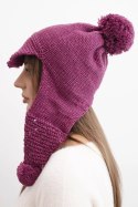 Czapka damska zimowa z wełną z daszkiem i pomponami K475 ciemno fioletowa
