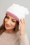 Czapka damska zimowa z wełny z przeplatanym wzorem K443 biała + różowa