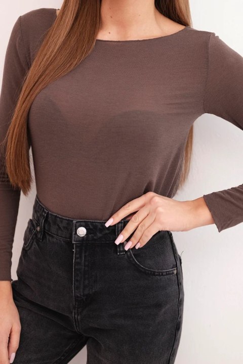 Kaszmirowa bluzka damska z okrągłym dekoltem i długim rękawem brązowa