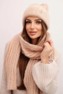 Komplet damski czapka i długi szalik z miękkiej przędzy beżowy