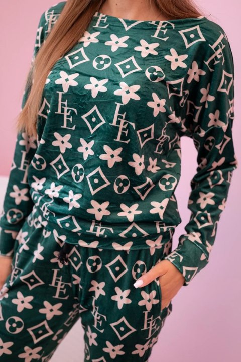 Komplet damski z weluru w monogram zielony + beżowy  