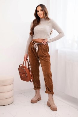 Spodnie damskie z wiskozy z apaszkowym paskiem camelowe