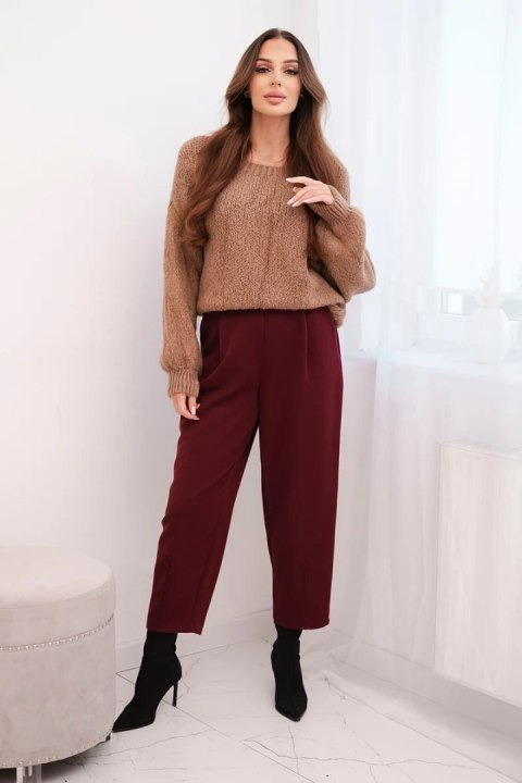 Spodnie damskie z wysokim stanem i zakładkami bordowe