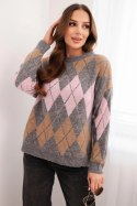 Sweter damski w romby z ażurem i okrągłym dekoltem szary