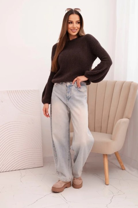 Sweter damski z baby alpaki z bufiastymi rękawami brązowy