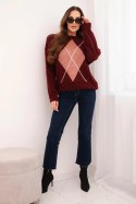 Sweter damski z domieszką wełny i alpaki w geometryczny wzór bordowy