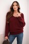 Sweter damski z miękkiej dzianiny z dekoltem V bordowy