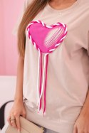 T-shirt damski bawełniany  oversize z sercem i frędzlami beżowa  