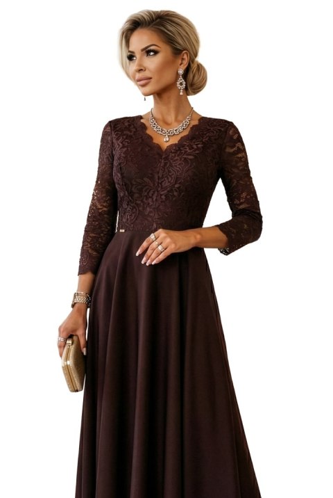 309-14 AMBER elegancka długa koronkowa suknia z dekoltem - czekolada