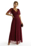 635-5 MELANIA długa błyszcząca suknia z dekoltem i krótkim rękawkiem - bordowa