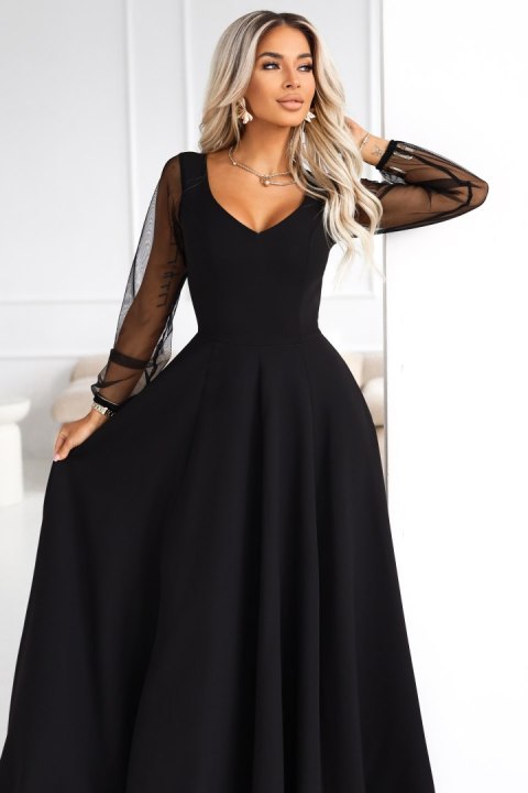 640-2 LORETTA wyjątkowa długa sukienka z tiulowymi rękawami i dekoltem - czarna