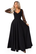 640-2 LORETTA wyjątkowa długa sukienka z tiulowymi rękawami i dekoltem - czarna