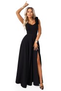 643-2 Elegancka wieczorowa suknia maxi z rozcięciem i różami - klasyczna czerń