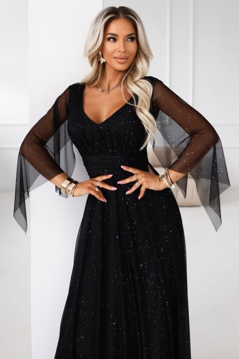 655-1 Długa połyskująca w świetle suknia z dekoltem i transparentnym rękawkiem - czarna