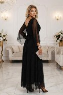 655-1 Długa połyskująca w świetle suknia z dekoltem i transparentnym rękawkiem - czarna