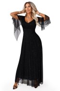 655-1 Długa połyskująca w świetle suknia z dekoltem i transparentnym rękawkiem - czarna