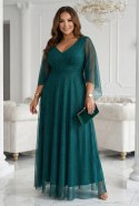 655-2 Długa połyskująca w świetle suknia z dekoltem i transparentnym rękawkiem - szmaragdowa zieleń
