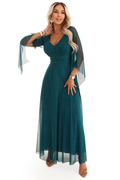 655-2 Długa połyskująca w świetle suknia z dekoltem i transparentnym rękawkiem - szmaragdowa zieleń