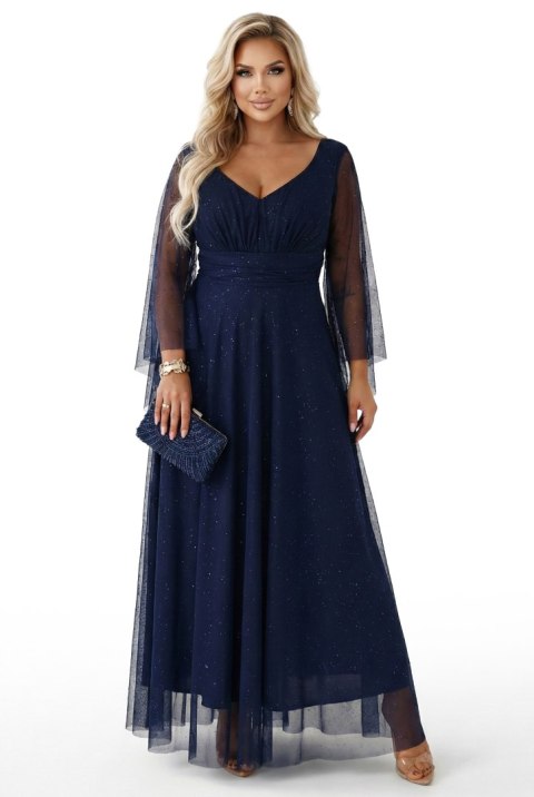 655-3 Długa połyskująca w świetle suknia z dekoltem i transparentnym rękawkiem - granatowa