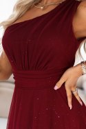 656-1 Długa błyszcząca suknia wieczorowa na jedno ramię - burgund