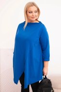 Bluzka damska bawełniana Plus Size asymetryczna z podwijanym rękawem chabrowa