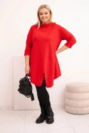 Bluzka damska bawełniana Plus Size asymetryczna z podwijanym rękawem czerwona