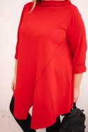 Bluzka damska bawełniana Plus Size asymetryczna z podwijanym rękawem czerwona