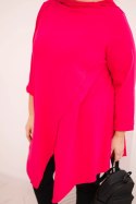 Bluzka damska bawełniana Plus Size asymetryczna z podwijanym rękawem fuksja