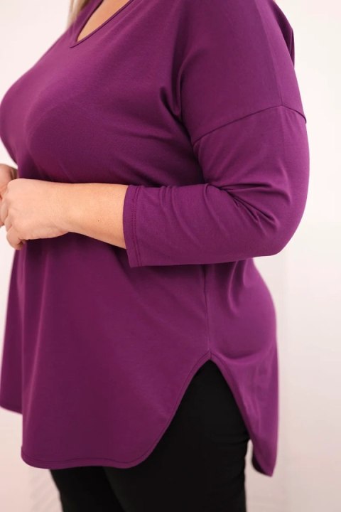 Bluzka damska bawełniana Plus Size z dekoltem V i podwijanym rękawem ciemno fioletowa