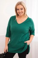 Bluzka damska bawełniana Plus Size z dekoltem V i podwijanym rękawem ciemno zielona
