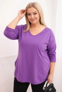 Bluzka damska bawełniana Plus Size z dekoltem V i podwijanym rękawem fioletowa