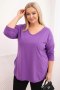 Bluzka damska bawełniana Plus Size z dekoltem V i podwijanym rękawem fioletowa