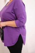 Bluzka damska bawełniana Plus Size z dekoltem V i podwijanym rękawem fioletowa
