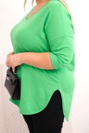 Bluzka damska bawełniana Plus Size z dekoltem V i podwijanym rękawem jasno zielona
