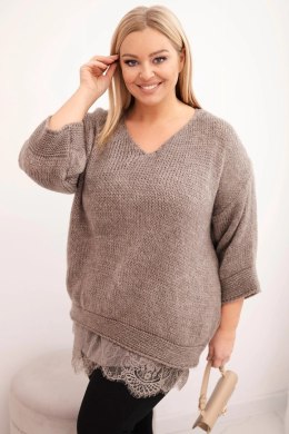 Komplet damski sweter z dekoltem V i bluzka wiskozowa z koronkowym dołem fango