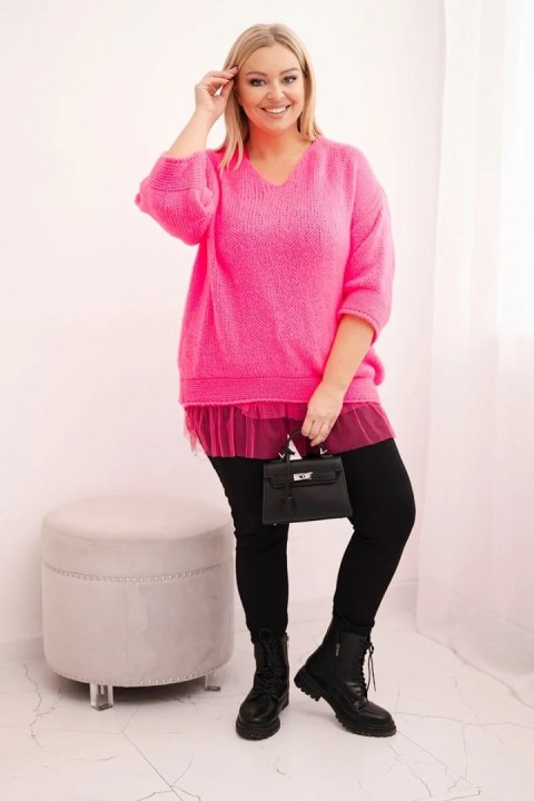 Komplet damski sweter z dekoltem V i bluzka wiskozowa z koronkowym dołem różowy neon