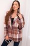 Marynarka damska w kratę z ozdobną przypinką i długim rękawem brązowa