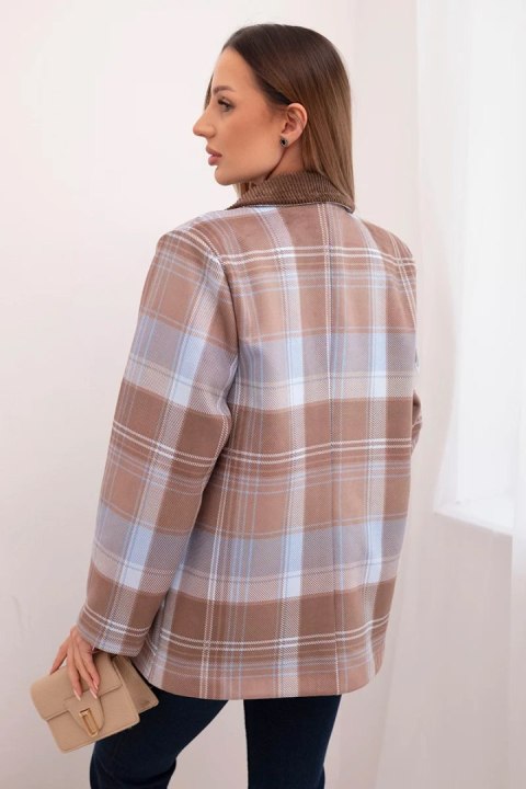 Marynarka damska w kratę z ozdobną przypinką i długim rękawem niebieska