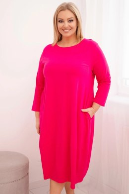 Sukienka damska bawełniana Plus Size z podwijanym rękawem i kieszeniami fuksja