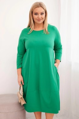 Sukienka damska bawełniana Plus Size z podwijanym rękawem i kieszeniami zielona