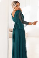 654-1 Długa połyskująca sukienka plus size z dekoltem i transparentnym rękawkiem - zieleń butelkowa