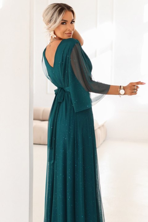 654-1 Długa połyskująca sukienka plus size z dekoltem i transparentnym rękawkiem - zieleń butelkowa