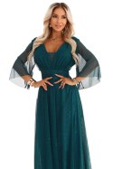 654-1 Długa połyskująca sukienka plus size z dekoltem i transparentnym rękawkiem - zieleń butelkowa
